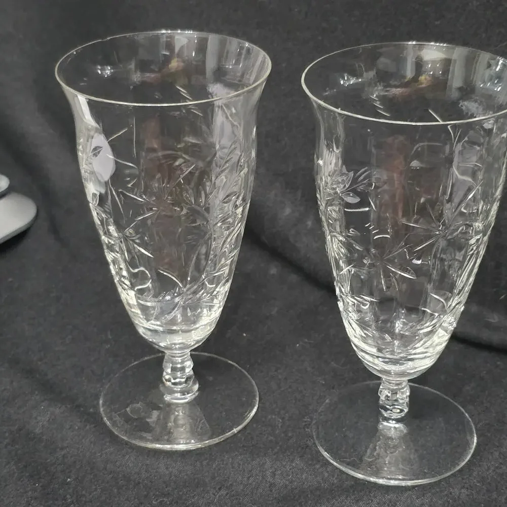 Vintage Bryce Fern Leaf #894 Etched Water Goblets Set of 2 Blown Glass USA